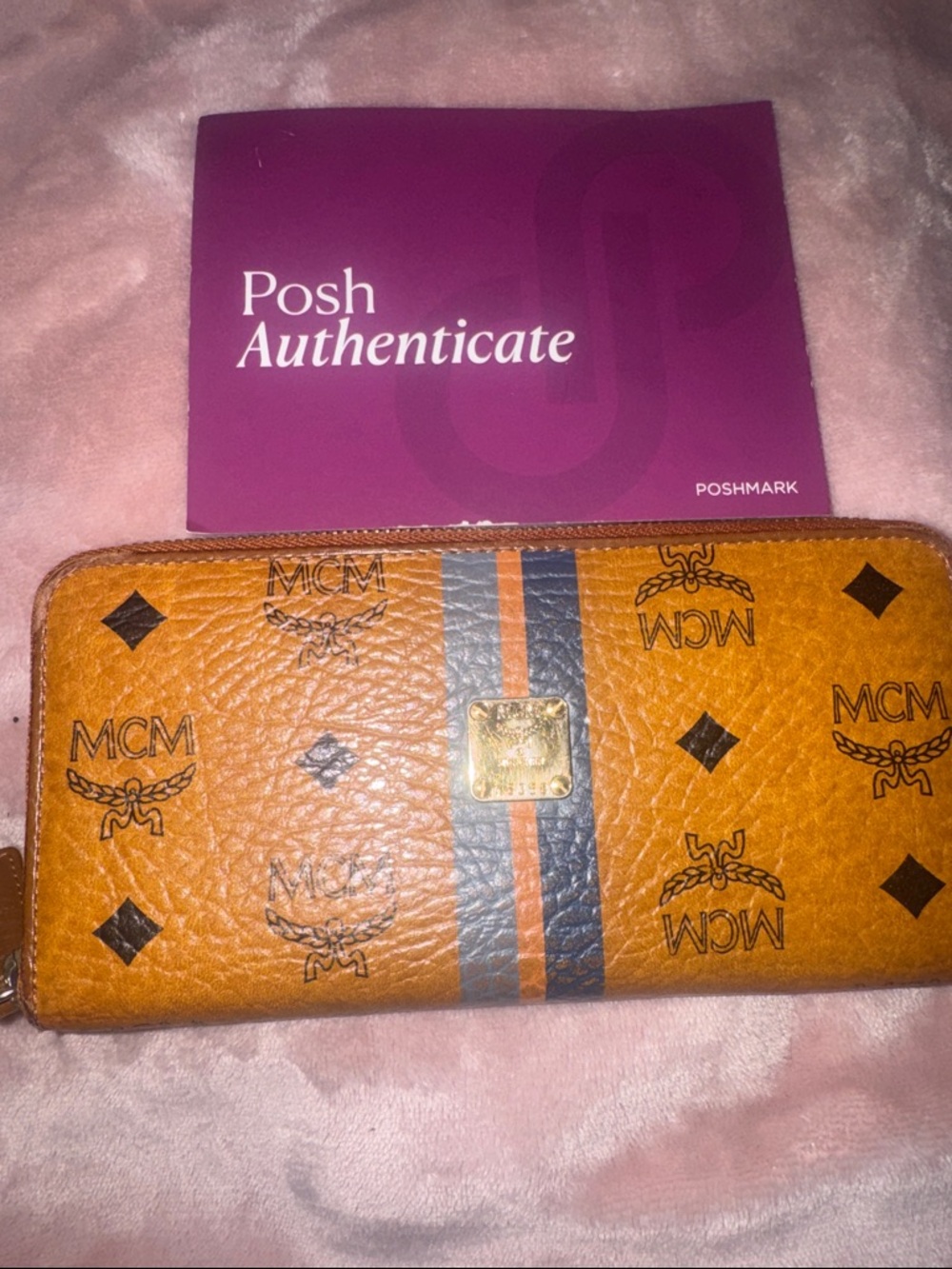 MCM Cognac Leather Zip Wallet with Navy and Gray Center Stripes